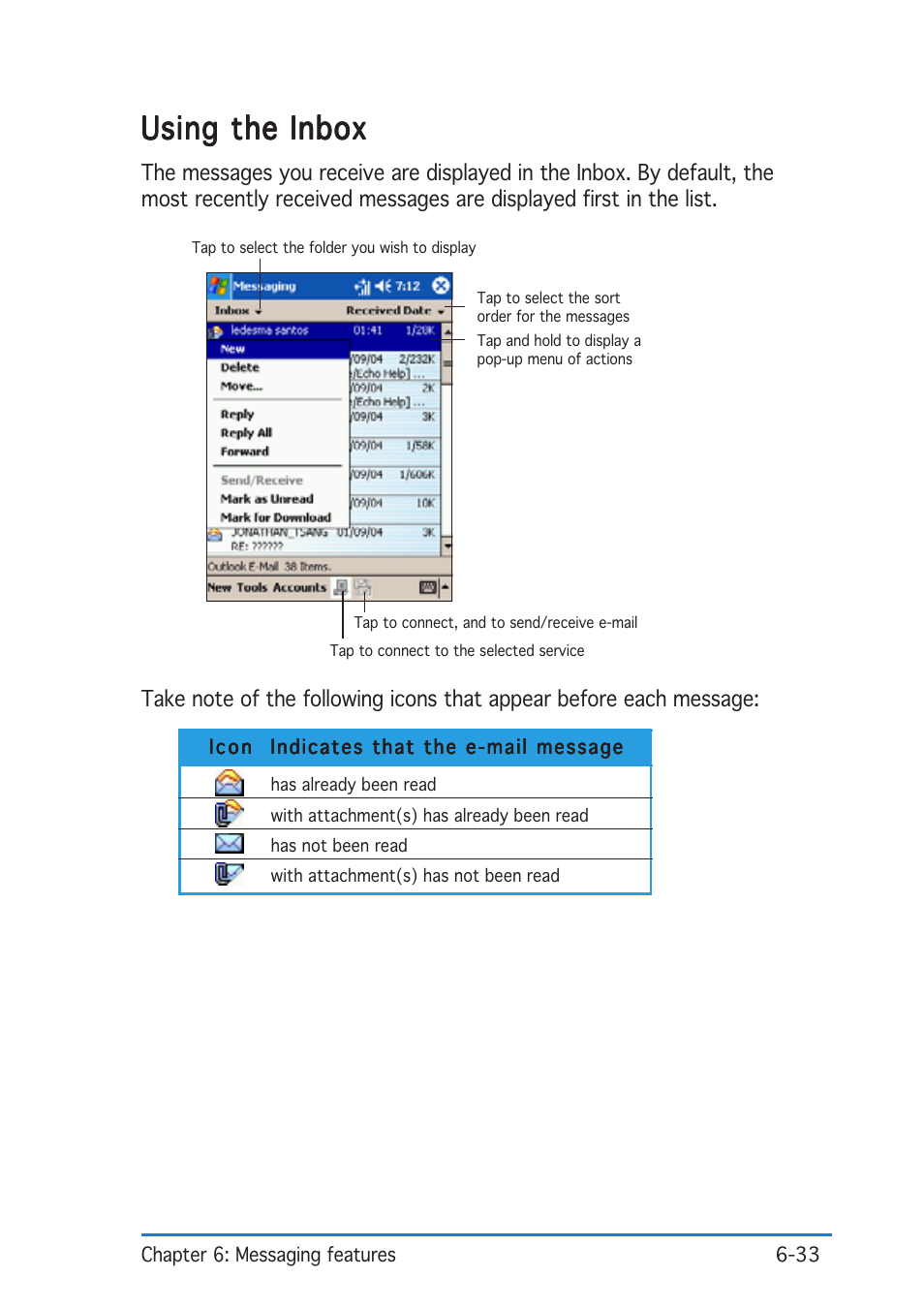 Using the inbox | Asus P505 User Manual | Page 185 / 326