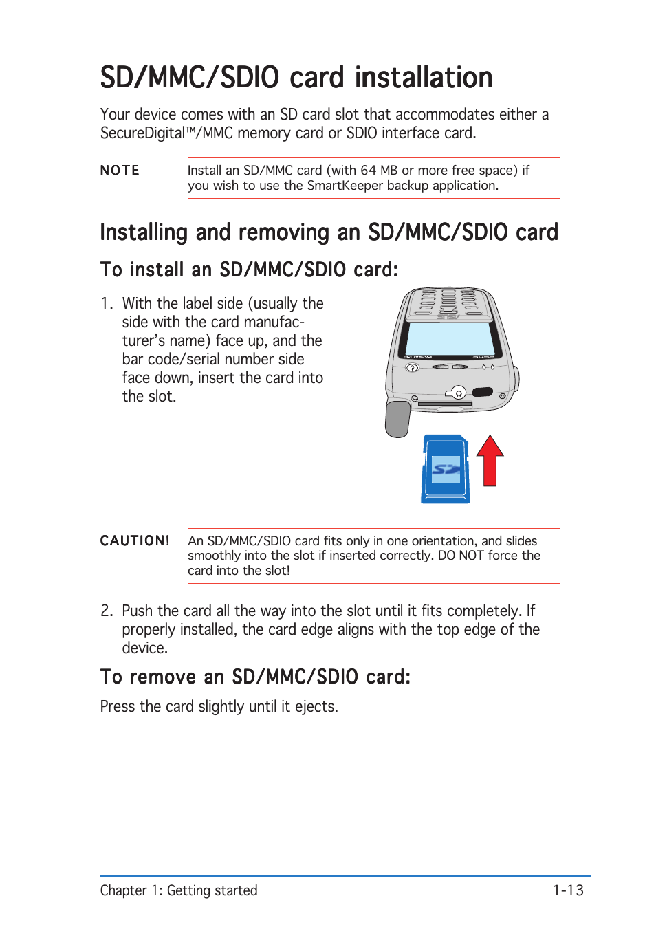 Sd/mmc/sdio card installation, Installing and removing an sd/mmc/sdio card | Asus P505 User Manual | Page 19 / 326