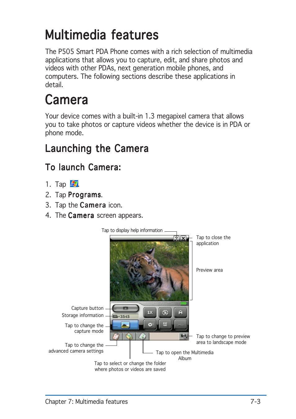 Multimedia features, Camera, Launching the camera | Asus P505 User Manual | Page 195 / 326