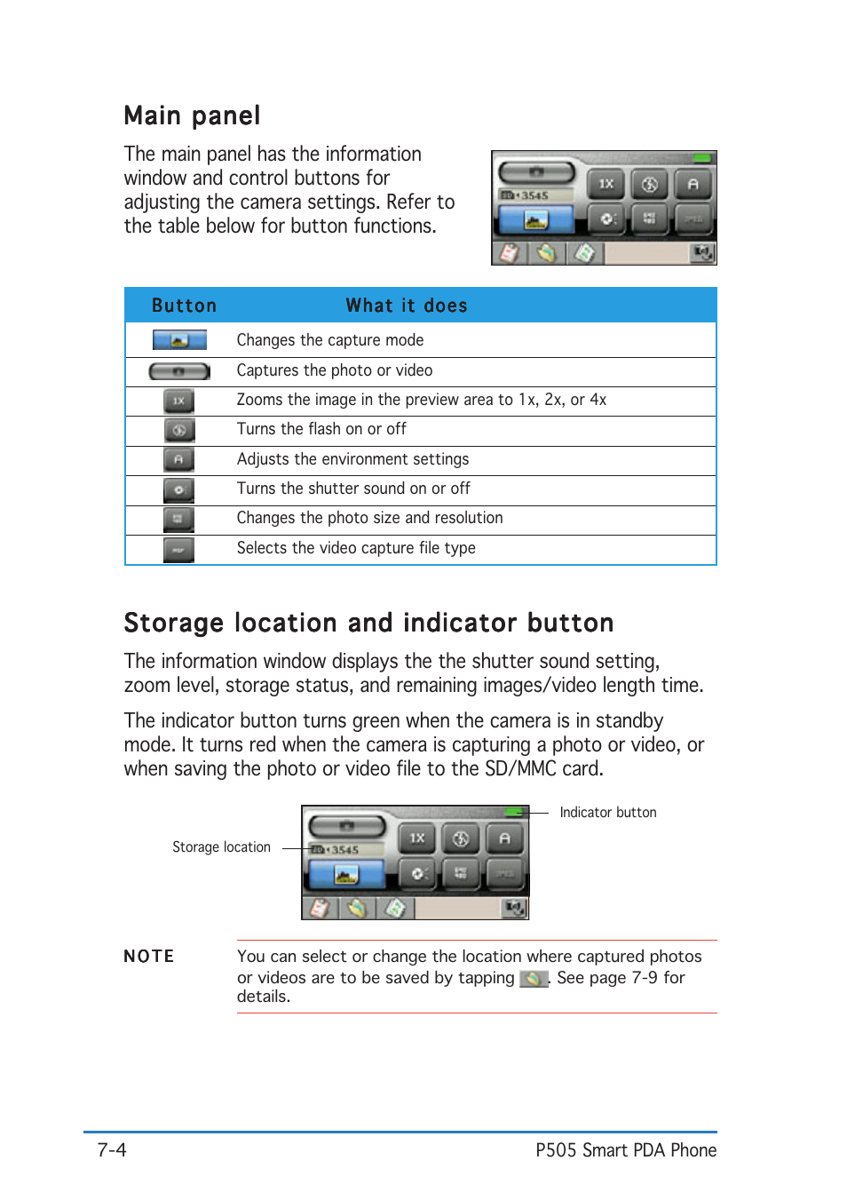 Main panel, Storage location and indicator button | Asus P505 User Manual | Page 196 / 326