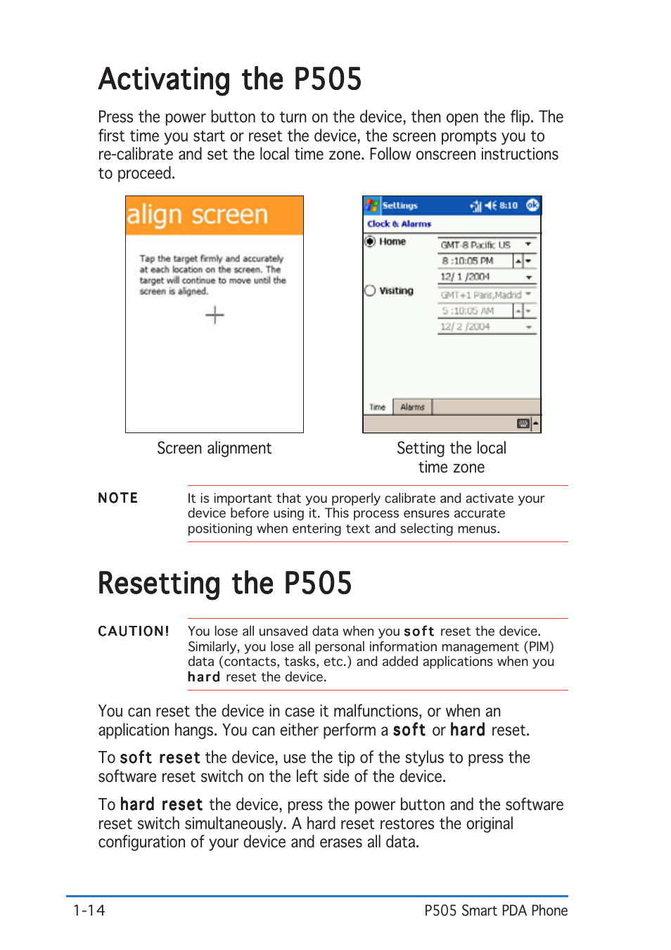 Activating the p505, Resetting the p505 | Asus P505 User Manual | Page 20 / 326