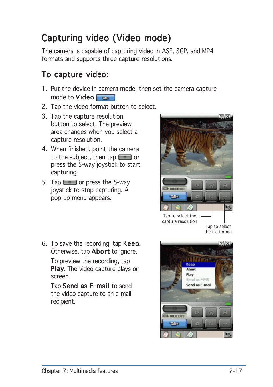 Capturing video (video mode) | Asus P505 User Manual | Page 209 / 326