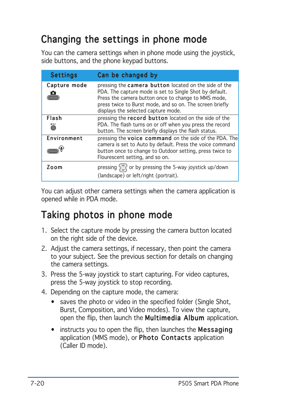 Changing the settings in phone mode, Taking photos in phone mode | Asus P505 User Manual | Page 212 / 326