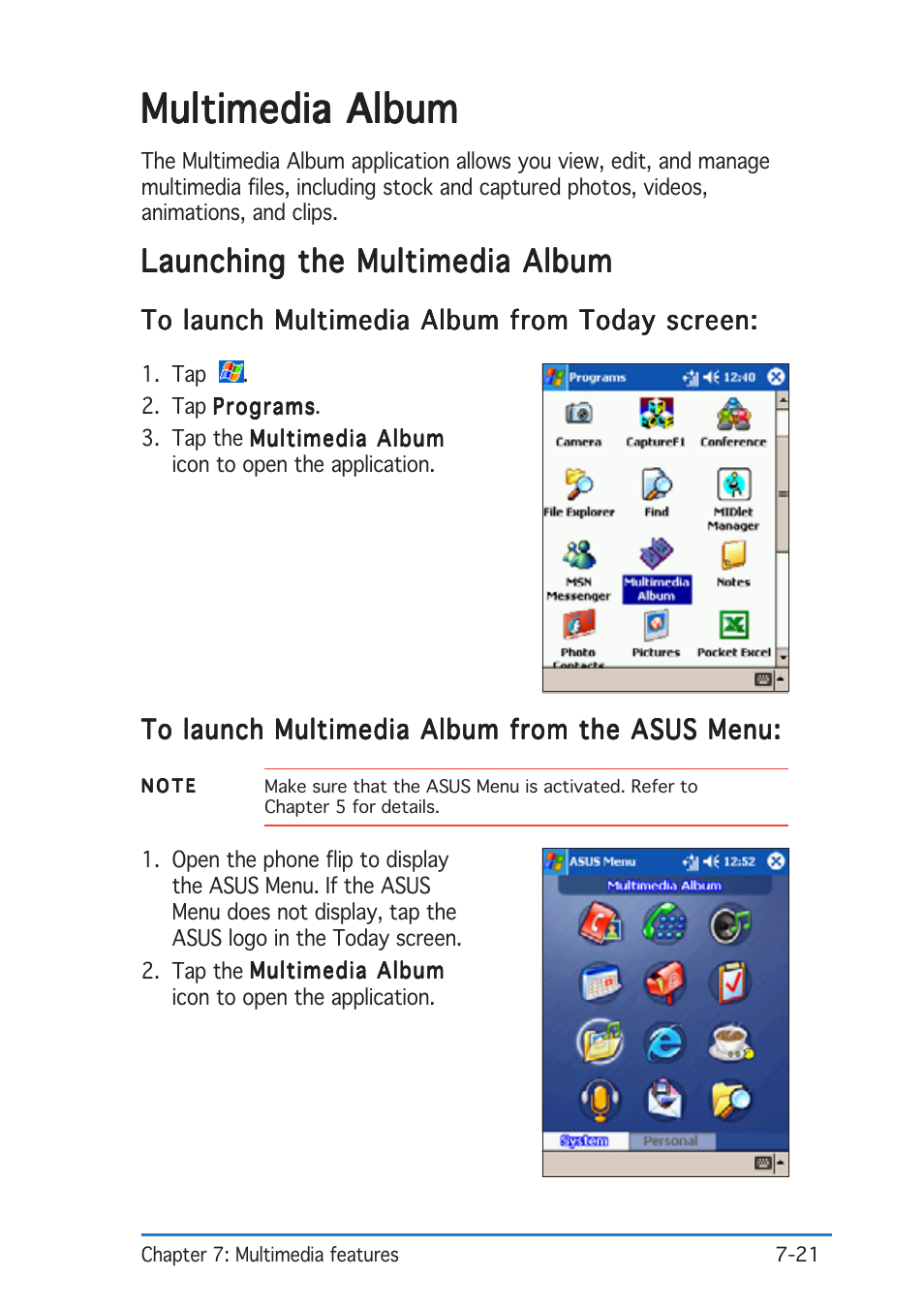 Multimedia album, Launching the multimedia album | Asus P505 User Manual | Page 213 / 326