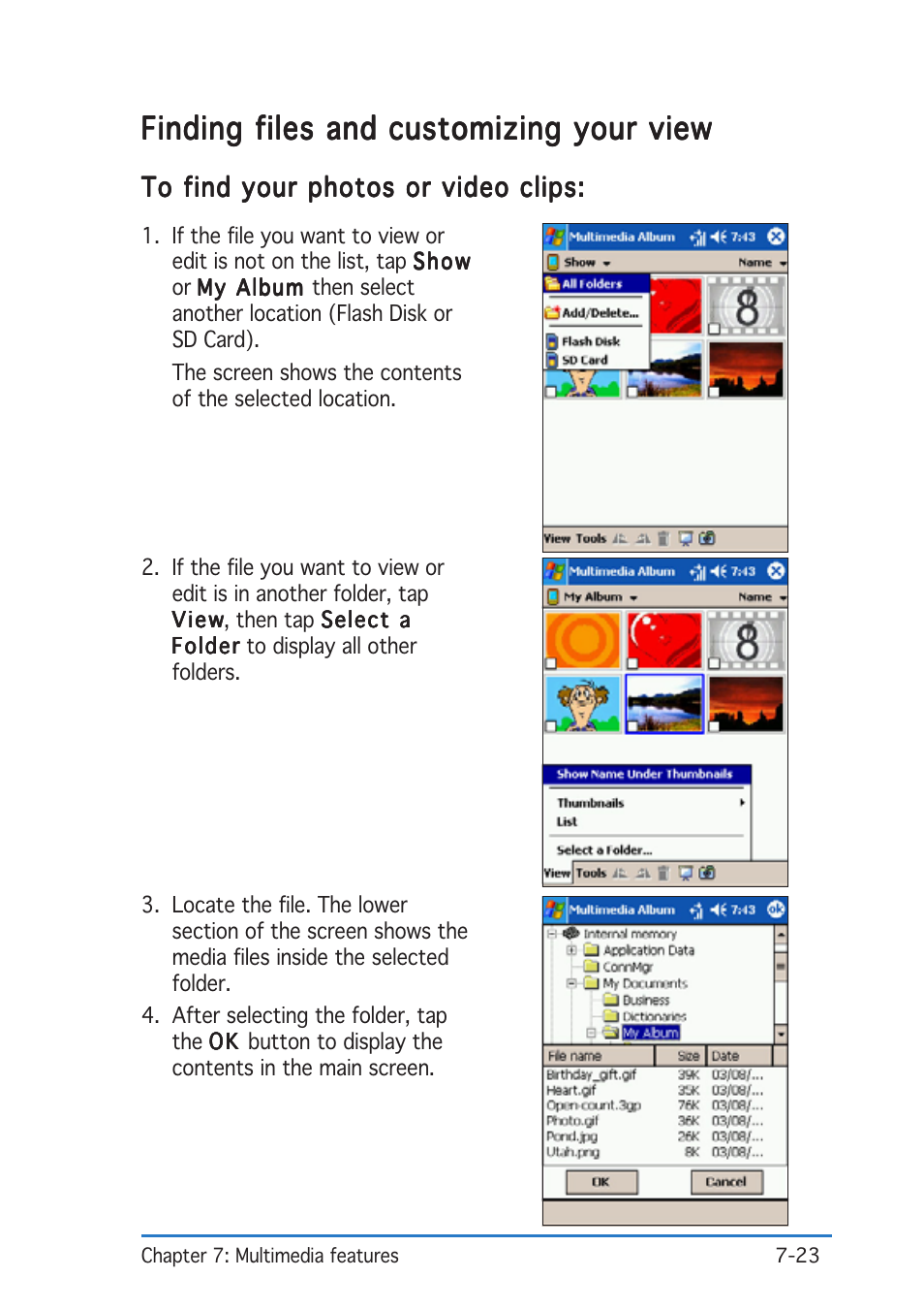 Finding files and customizing your view | Asus P505 User Manual | Page 215 / 326