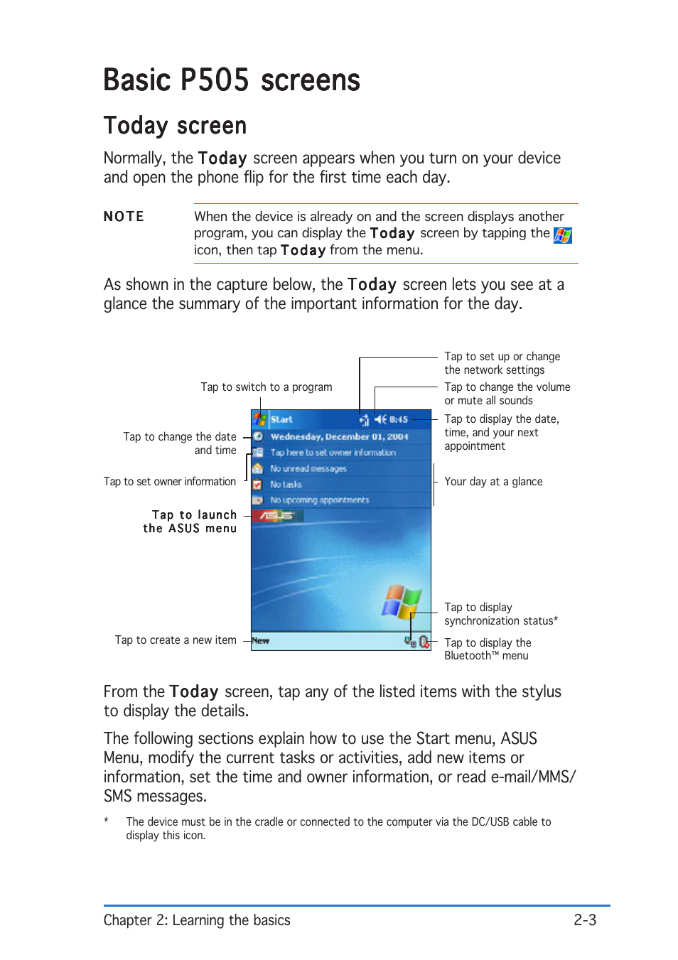 Basic p505 screens, Today screen | Asus P505 User Manual | Page 23 / 326