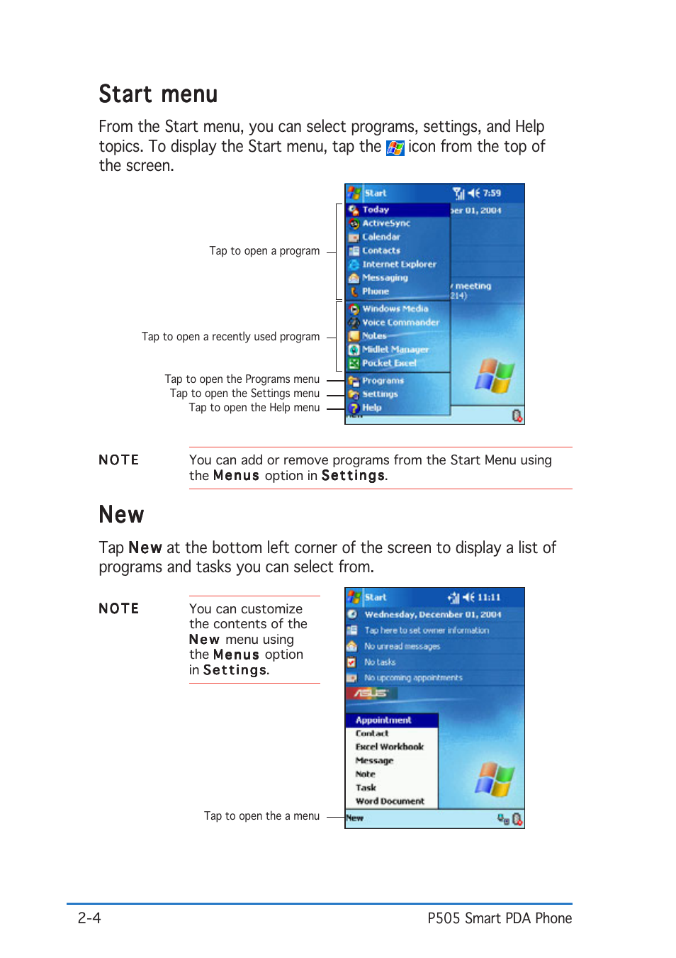 Start menu | Asus P505 User Manual | Page 24 / 326