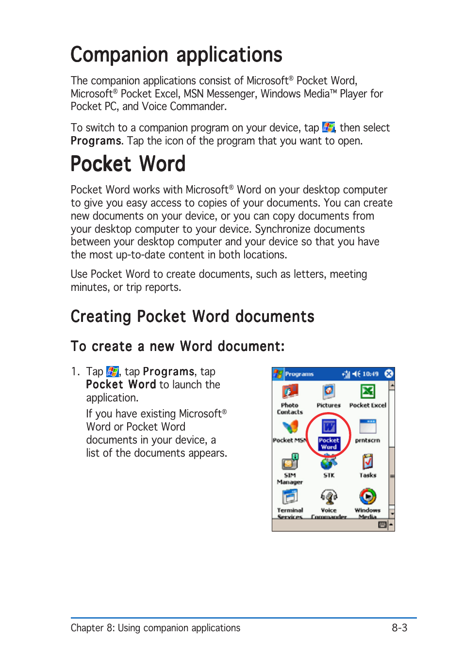 Companion applications, Pocket word, Creating pocket word documents | Asus P505 User Manual | Page 247 / 326