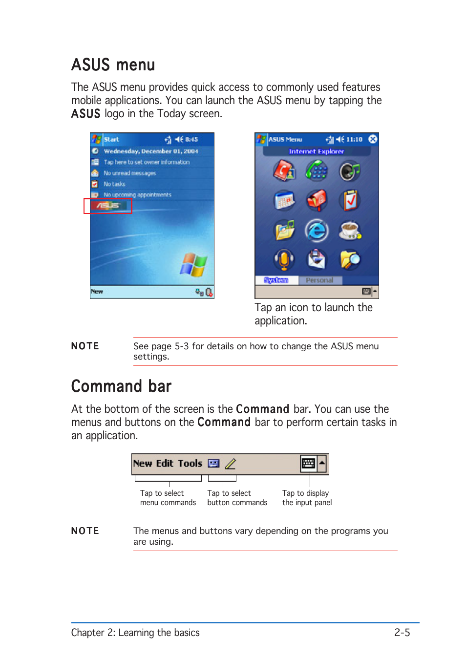 Asus menu, Command bar | Asus P505 User Manual | Page 25 / 326