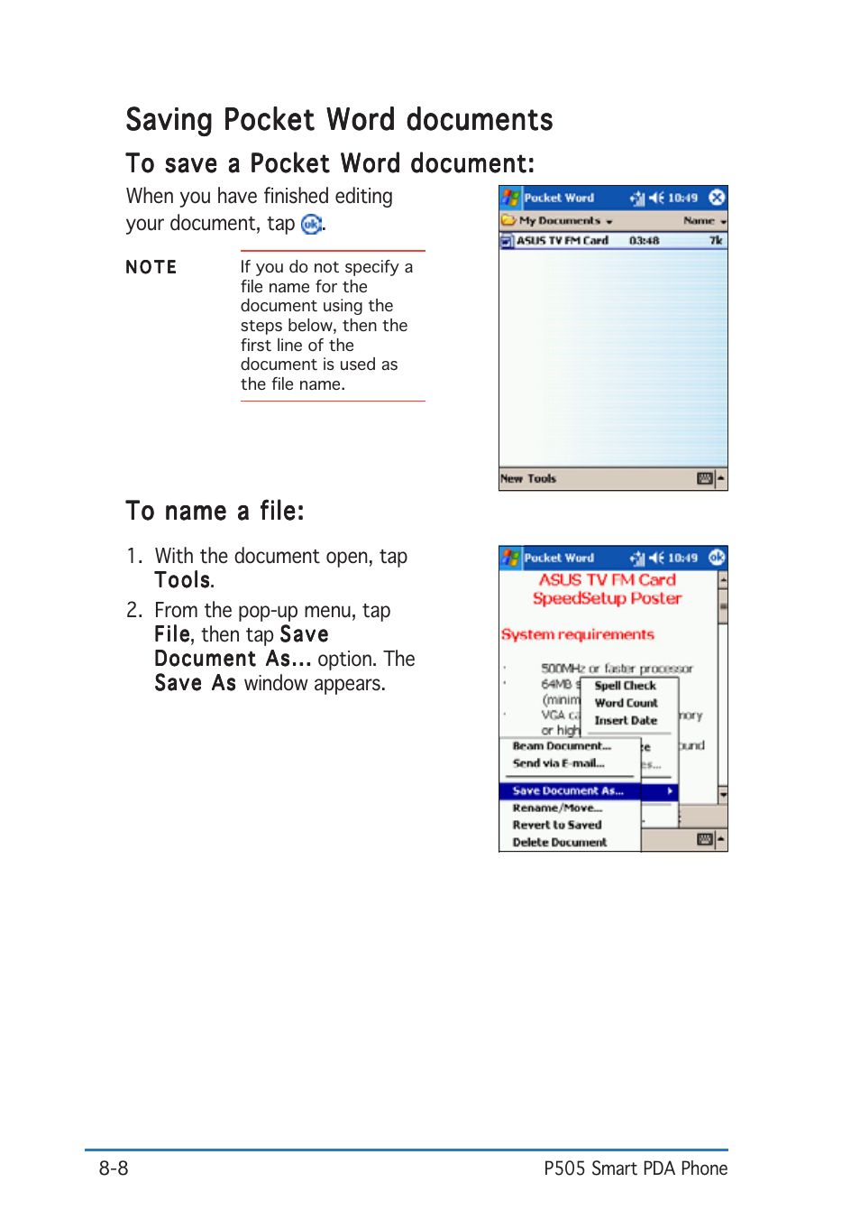 Saving pocket word documents | Asus P505 User Manual | Page 252 / 326