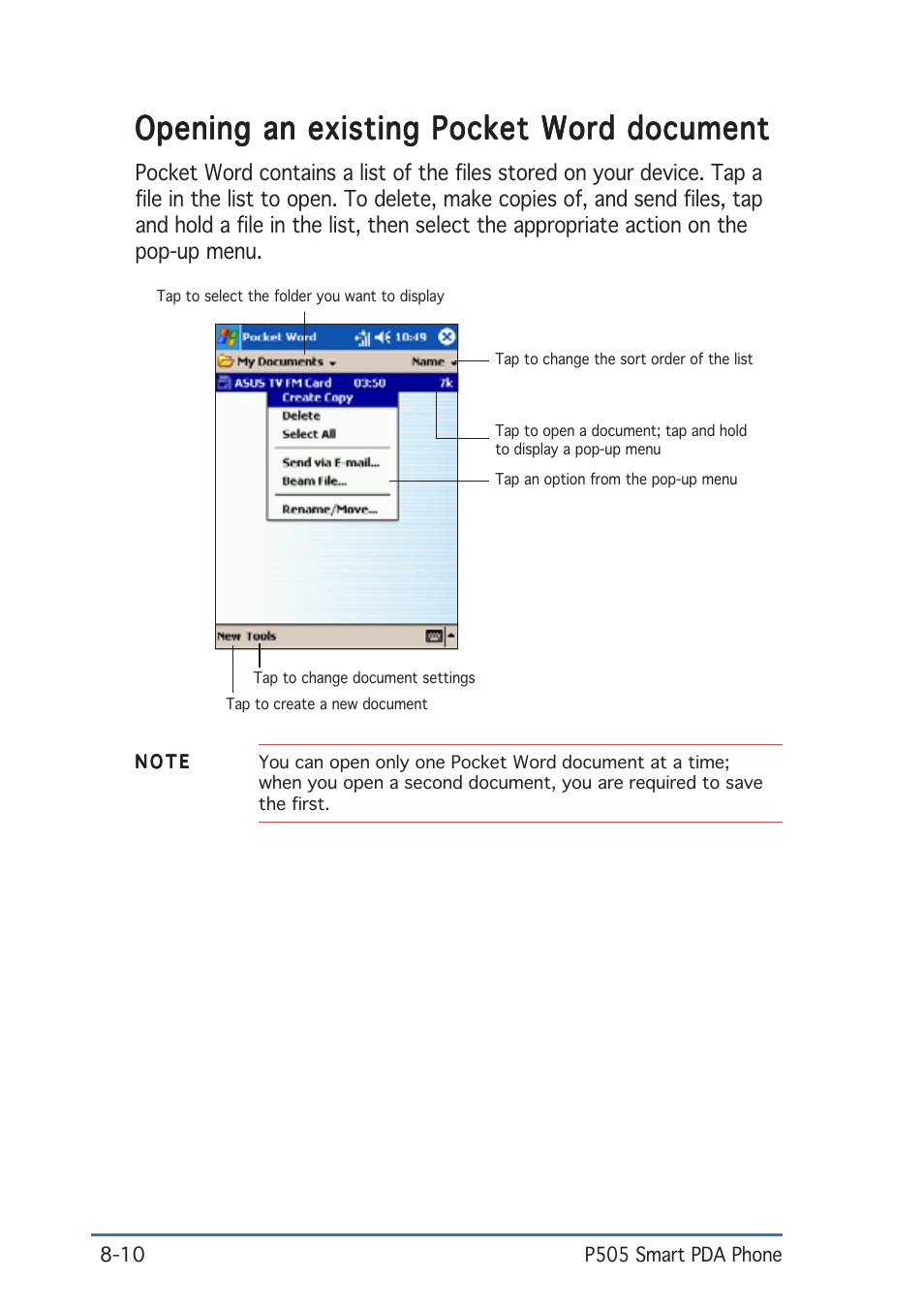 Opening an existing pocket word document | Asus P505 User Manual | Page 254 / 326