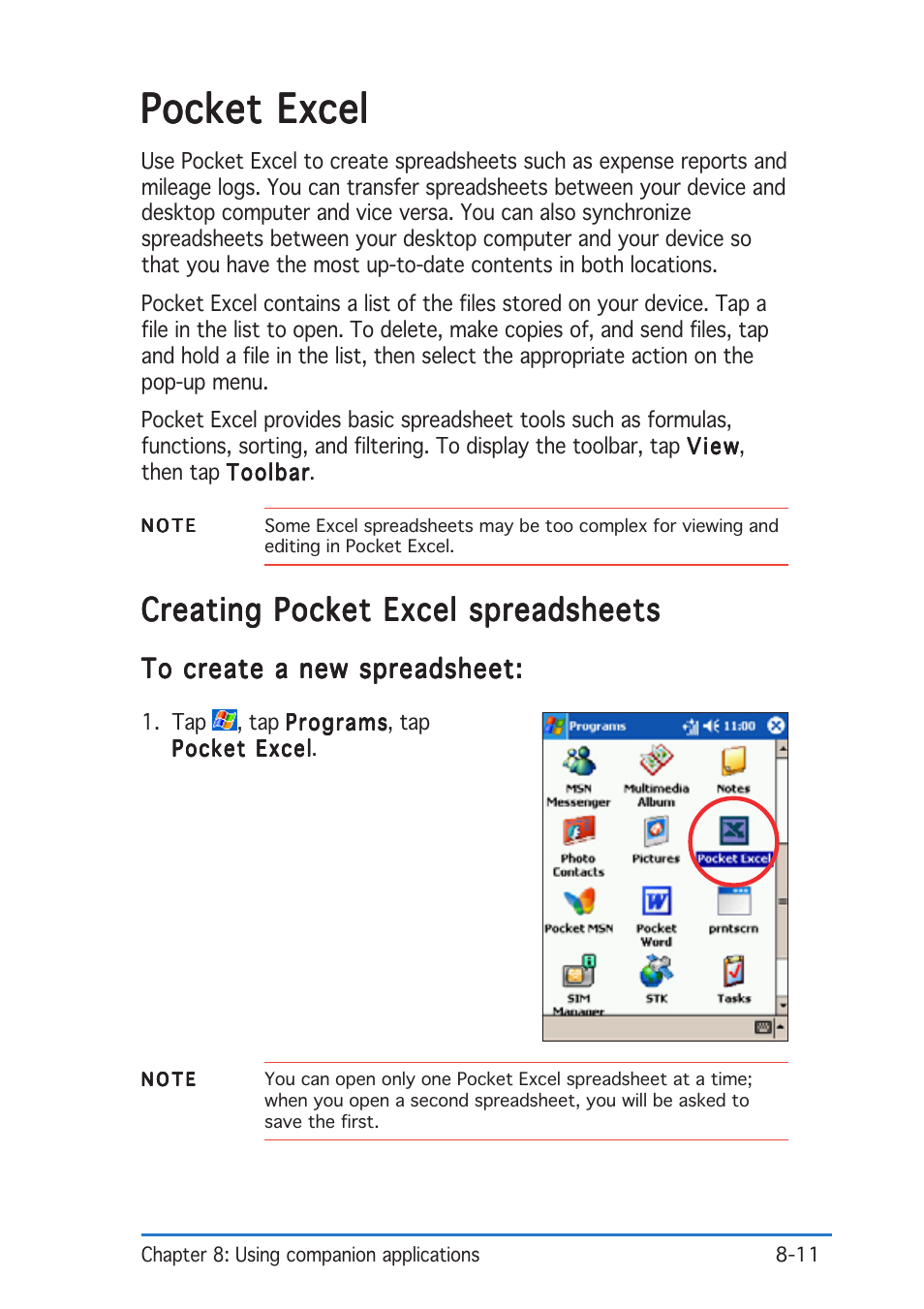 Pocket excel, Creating pocket excel spreadsheets | Asus P505 User Manual | Page 255 / 326