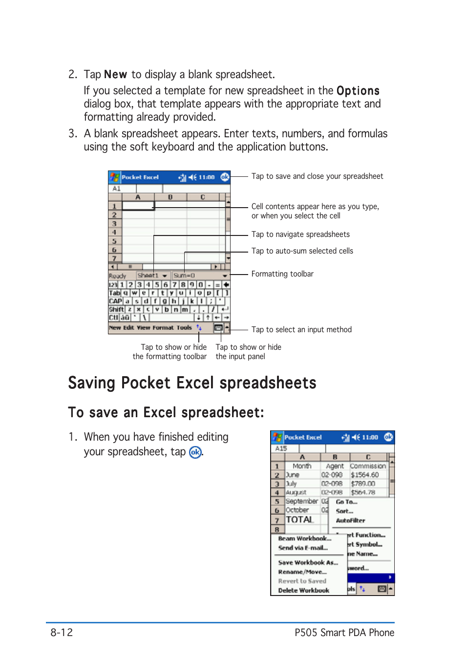 Saving pocket excel spreadsheets | Asus P505 User Manual | Page 256 / 326