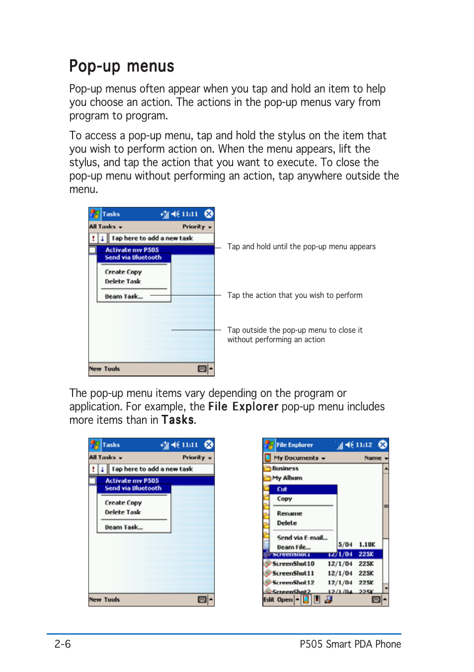 Pop-up menus | Asus P505 User Manual | Page 26 / 326