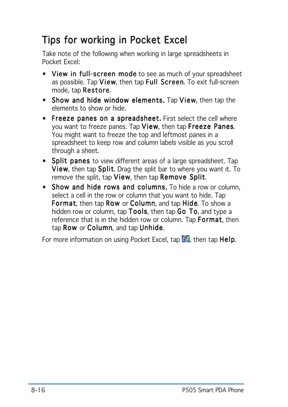 Tips for working in pocket excel | Asus P505 User Manual | Page 260 / 326