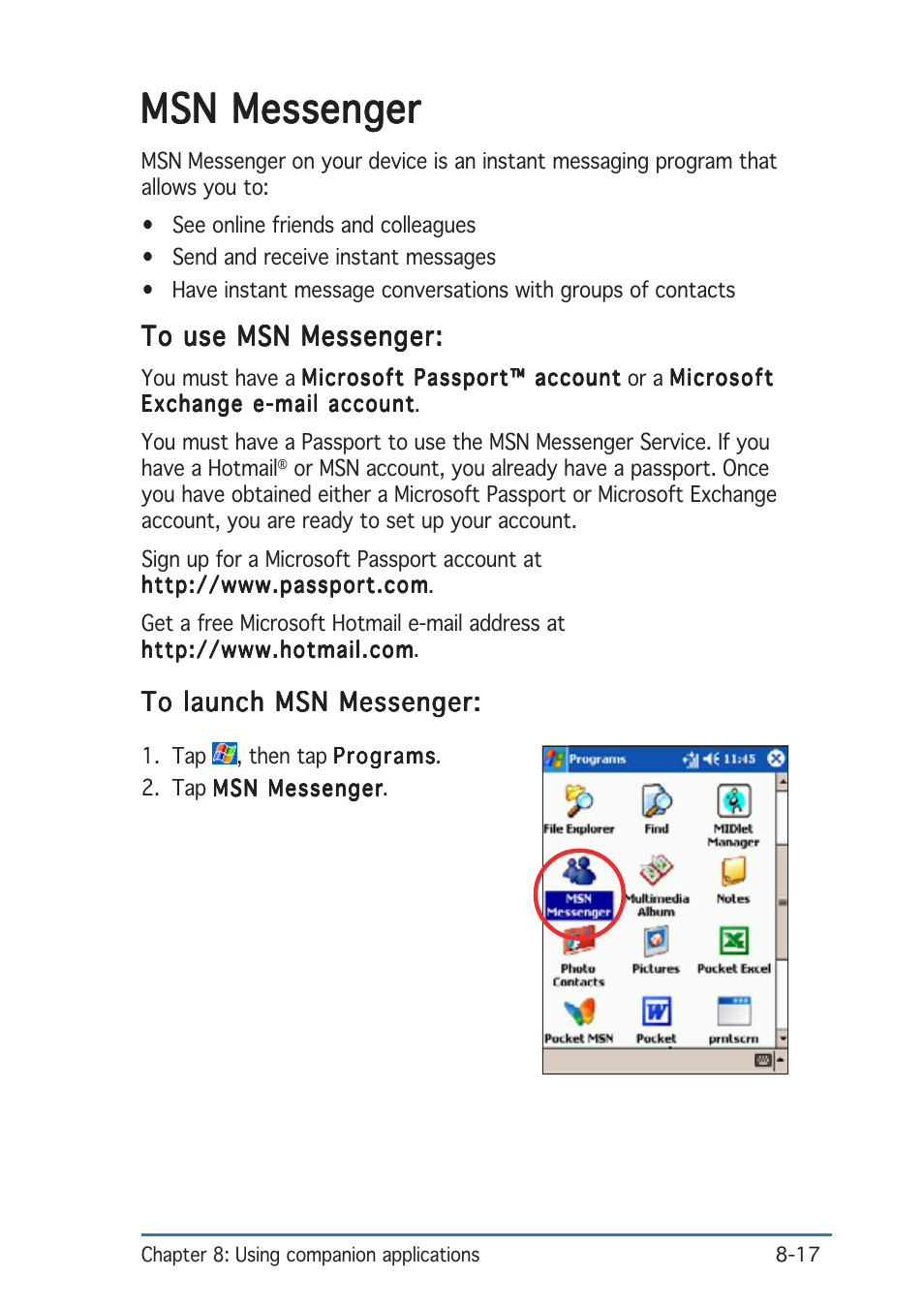 Msn messenger | Asus P505 User Manual | Page 261 / 326