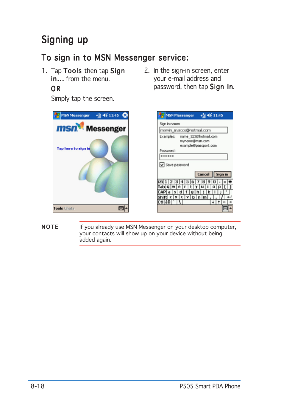 Signing up | Asus P505 User Manual | Page 262 / 326