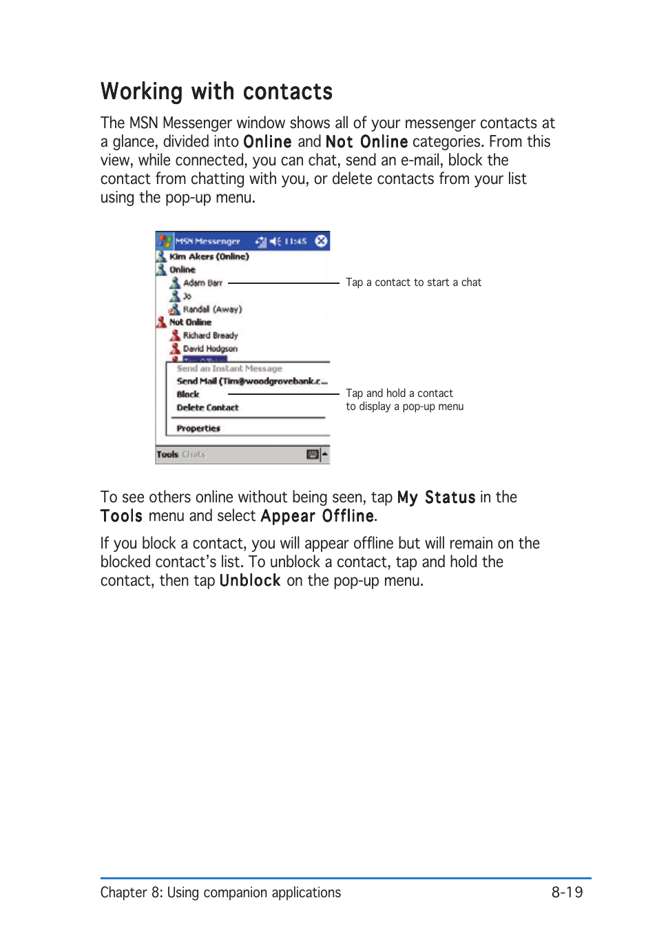 Working with contacts | Asus P505 User Manual | Page 263 / 326