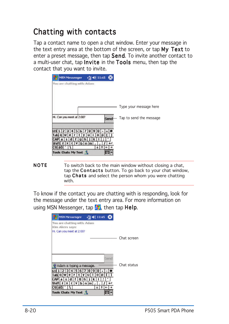 Chatting with contacts | Asus P505 User Manual | Page 264 / 326