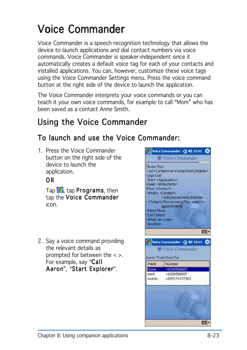 Voice commander, Using the voice commander | Asus P505 User Manual | Page 267 / 326