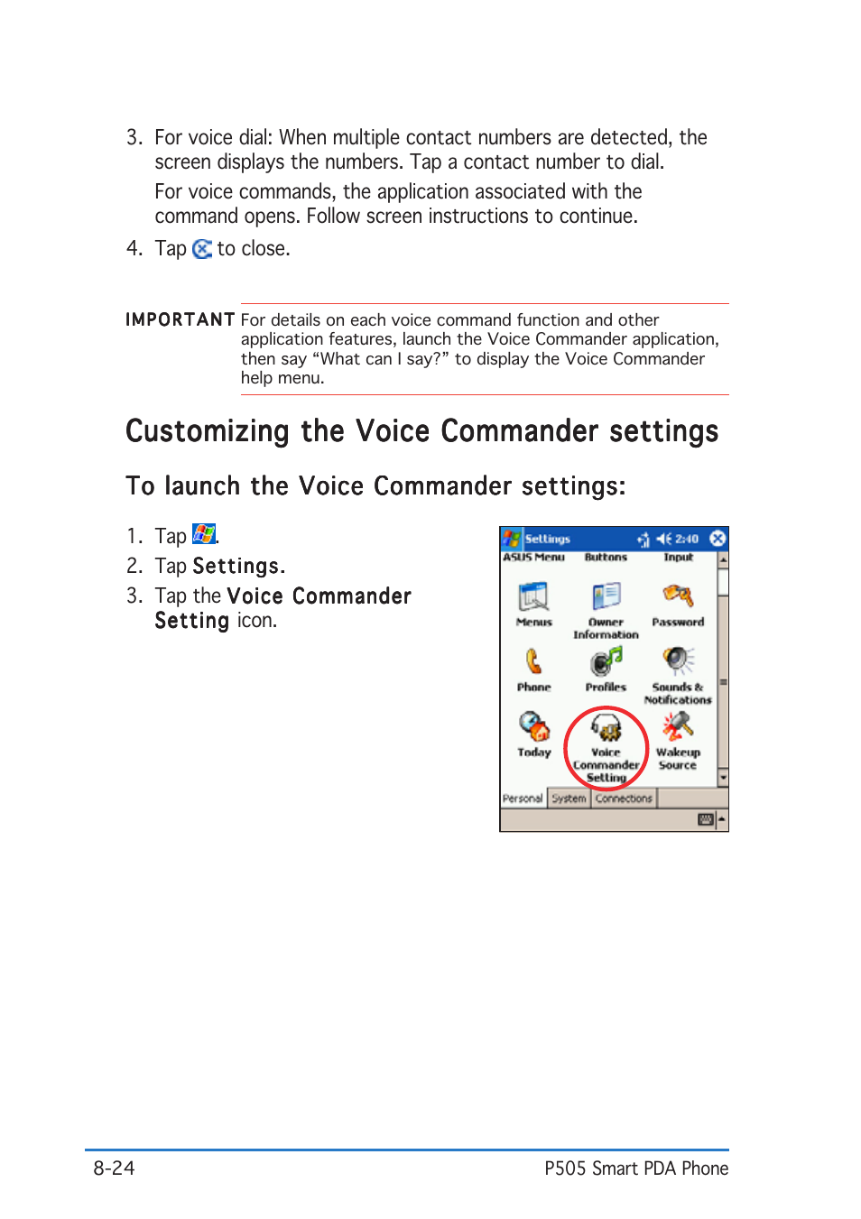 Customizing the voice commander settings | Asus P505 User Manual | Page 268 / 326