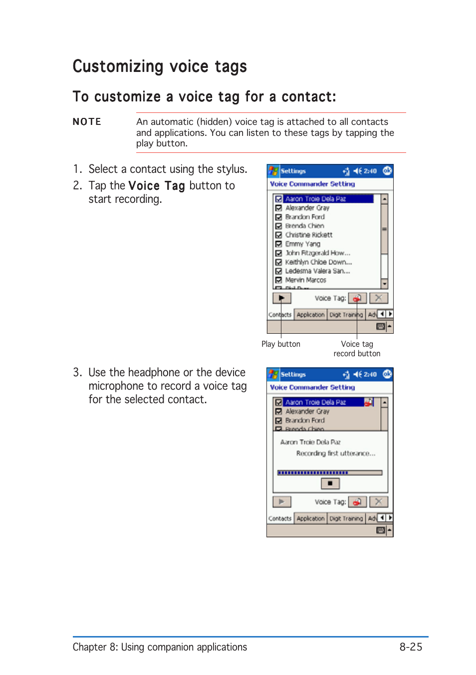 Customizing voice tags | Asus P505 User Manual | Page 269 / 326