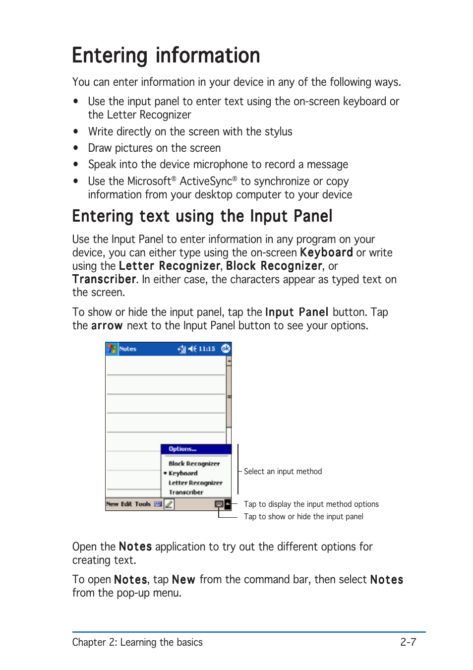 Entering information, Entering text using the input panel | Asus P505 User Manual | Page 27 / 326