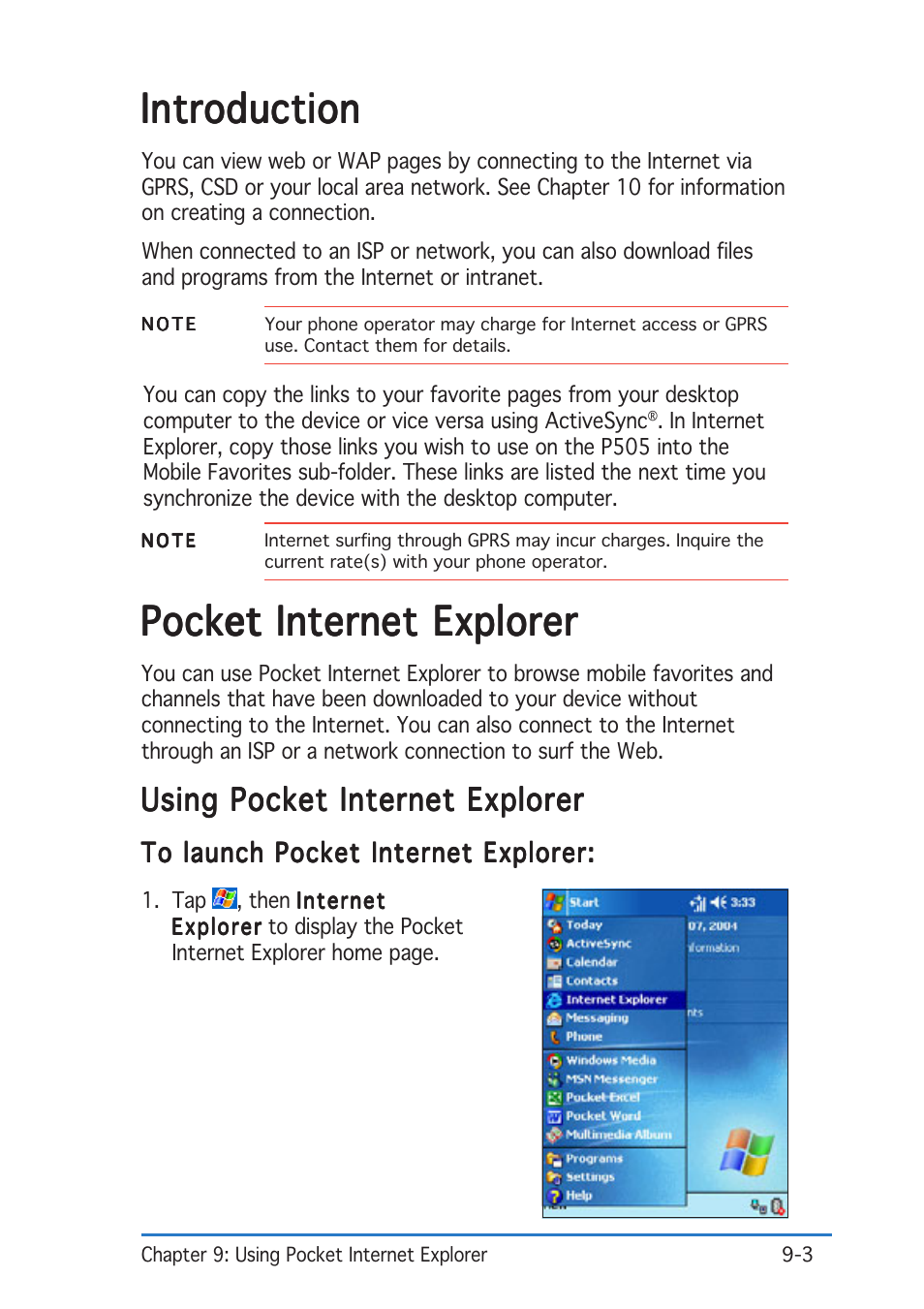 Introduction, Pocket internet explorer, Using pocket internet explorer | Asus P505 User Manual | Page 277 / 326