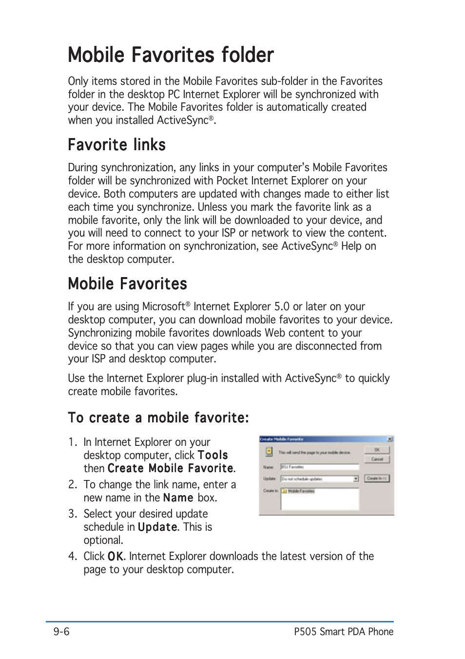 Mobile favorites folder, Favorite links, Mobile favorites | Asus P505 User Manual | Page 280 / 326