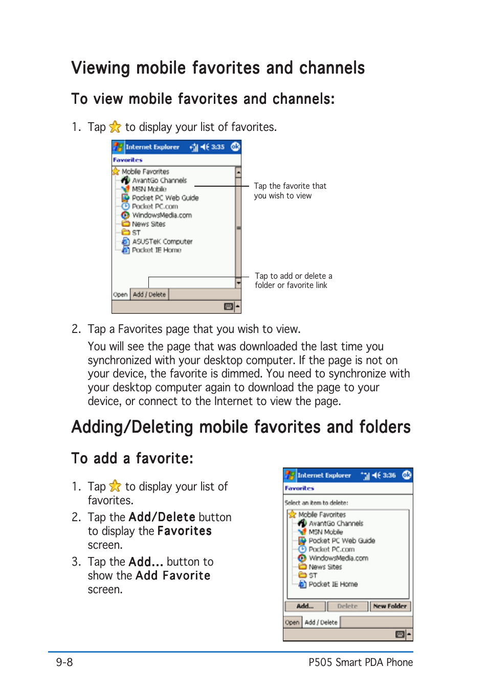 Viewing mobile favorites and channels, Adding/deleting mobile favorites and folders | Asus P505 User Manual | Page 282 / 326