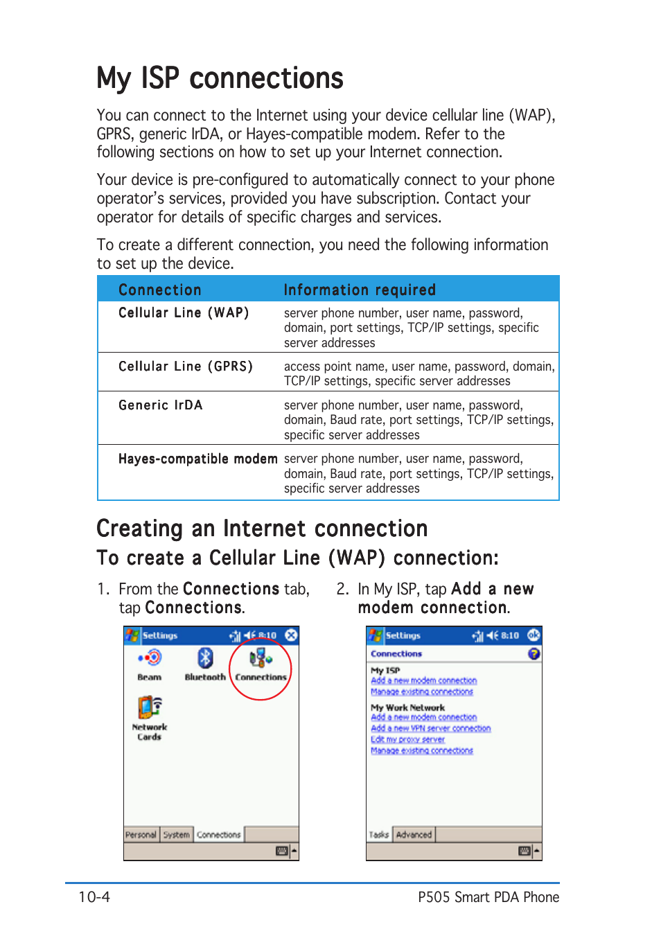 My isp connections, Creating an internet connection | Asus P505 User Manual | Page 288 / 326