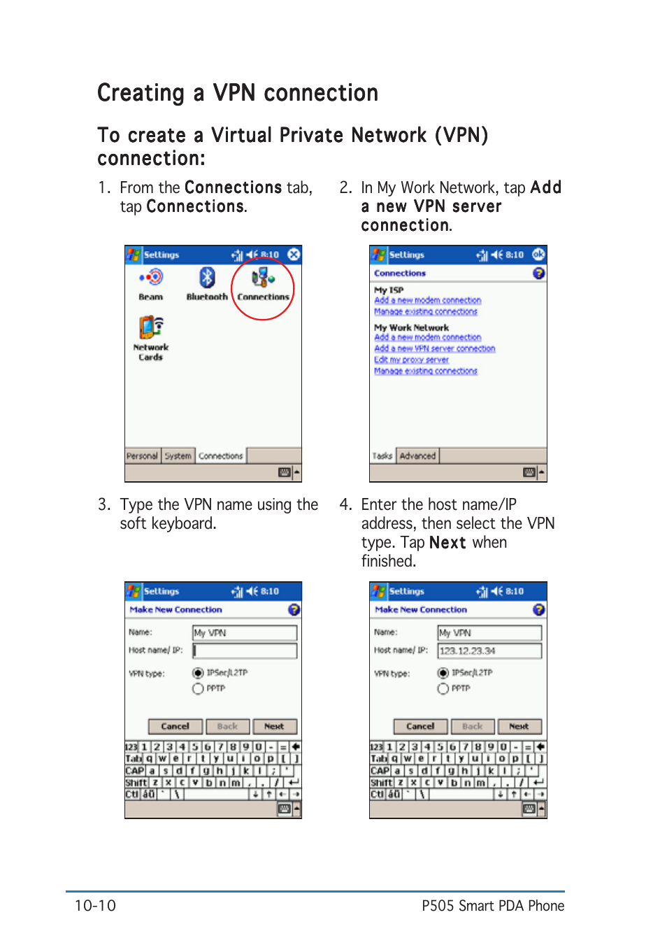 Creating a vpn connection | Asus P505 User Manual | Page 294 / 326