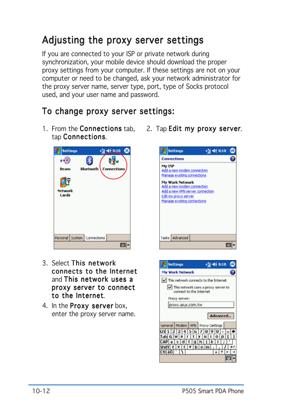 Adjusting the proxy server settings | Asus P505 User Manual | Page 296 / 326