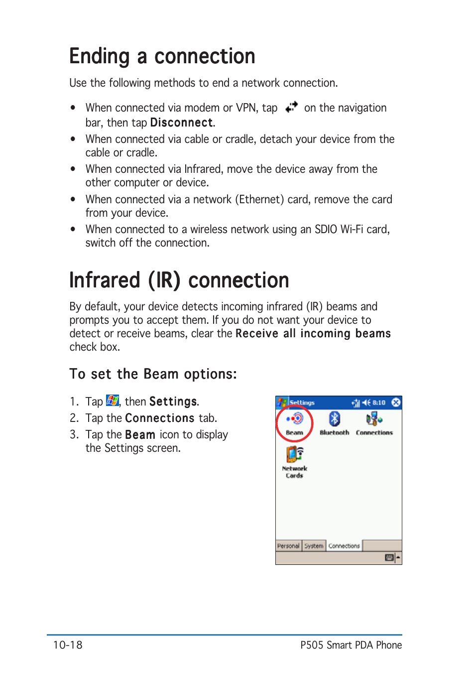 Infrared (ir) connection, Ending a connection | Asus P505 User Manual | Page 302 / 326