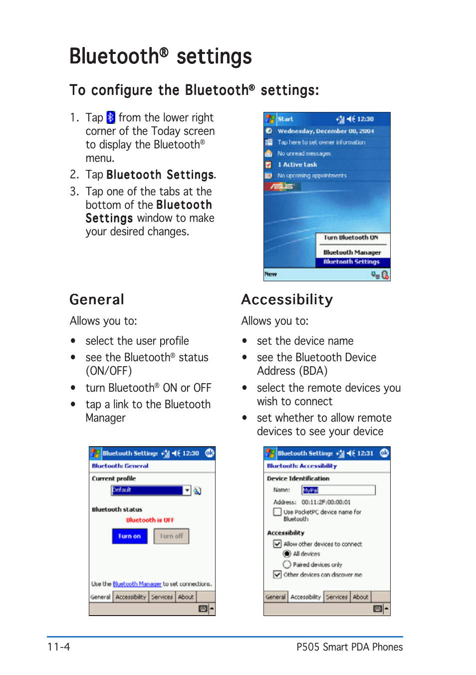 Bluetooth, Settings | Asus P505 User Manual | Page 308 / 326