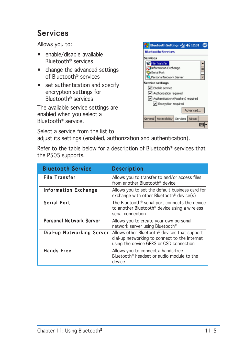 Services, Services that the p505 supports | Asus P505 User Manual | Page 309 / 326