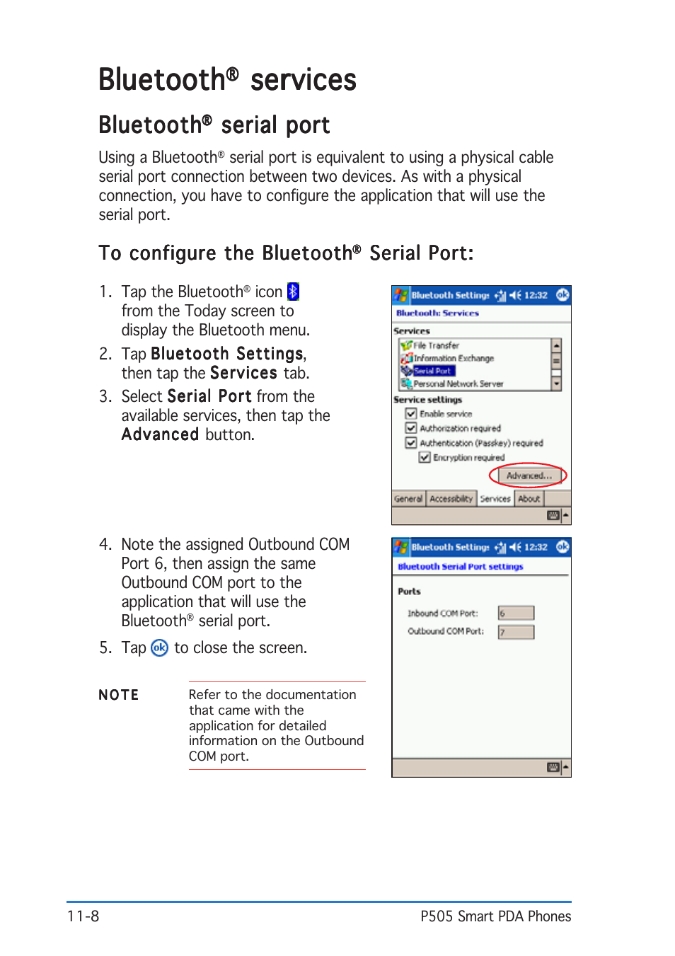 Bluetooth, Services, Serial port | Asus P505 User Manual | Page 312 / 326