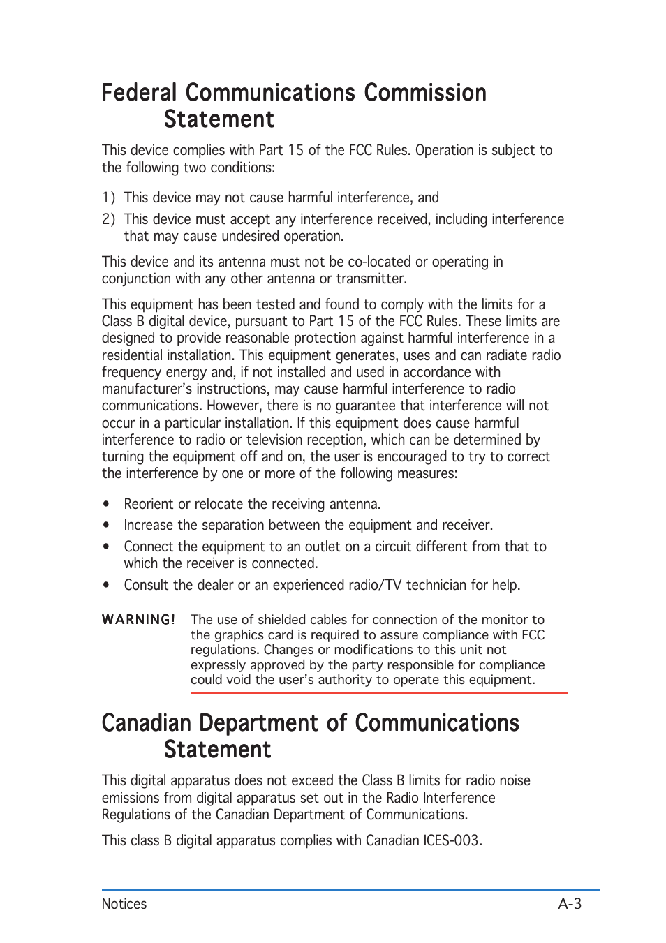 Federal communications commission, Canadian department of communications | Asus P505 User Manual | Page 323 / 326