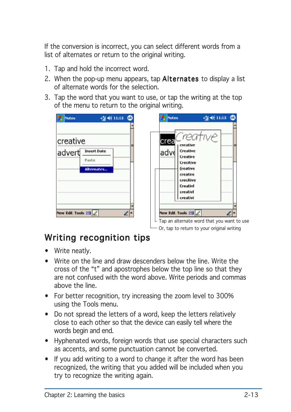 Writing recognition tips | Asus P505 User Manual | Page 33 / 326