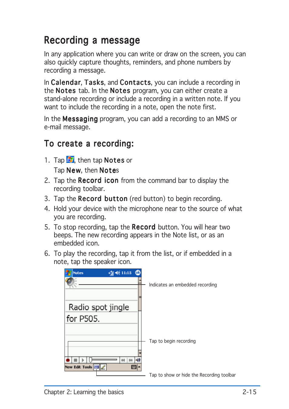 Recording a message | Asus P505 User Manual | Page 35 / 326