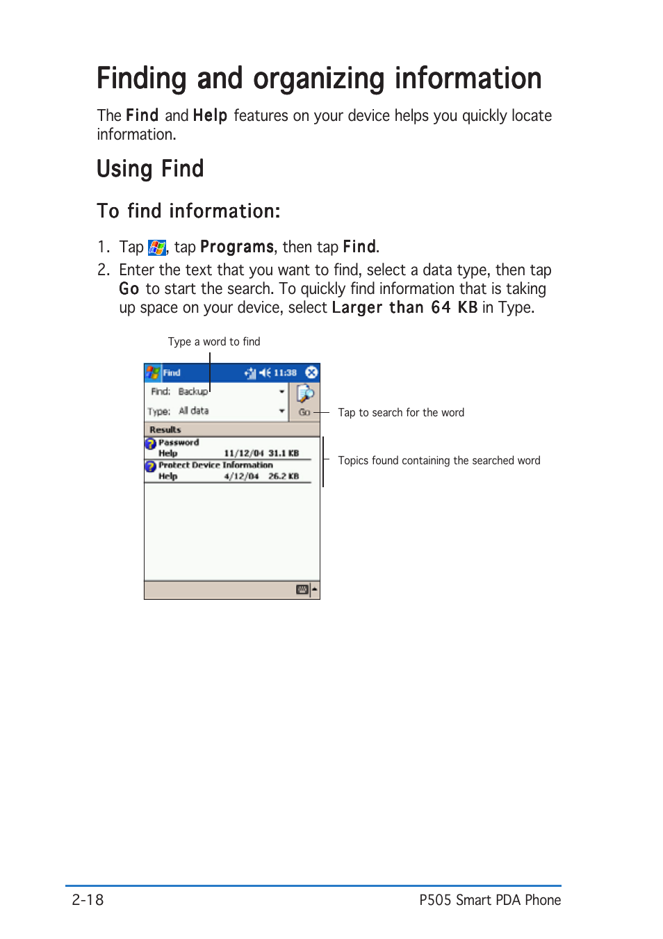 Finding and organizing information, Using find | Asus P505 User Manual | Page 38 / 326