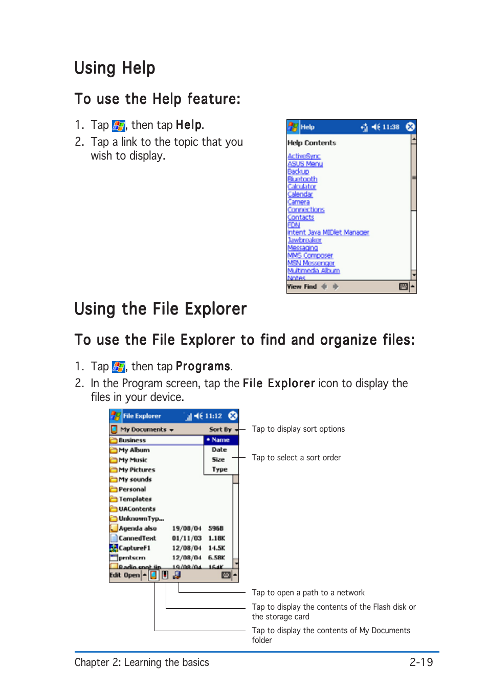 Using the file explorer, Using help | Asus P505 User Manual | Page 39 / 326