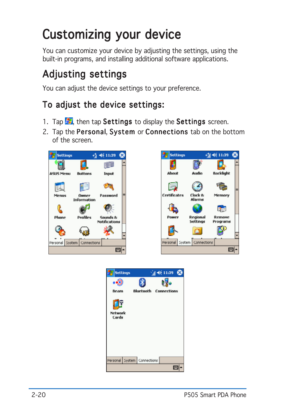 Customizing your device, Adjusting settings | Asus P505 User Manual | Page 40 / 326