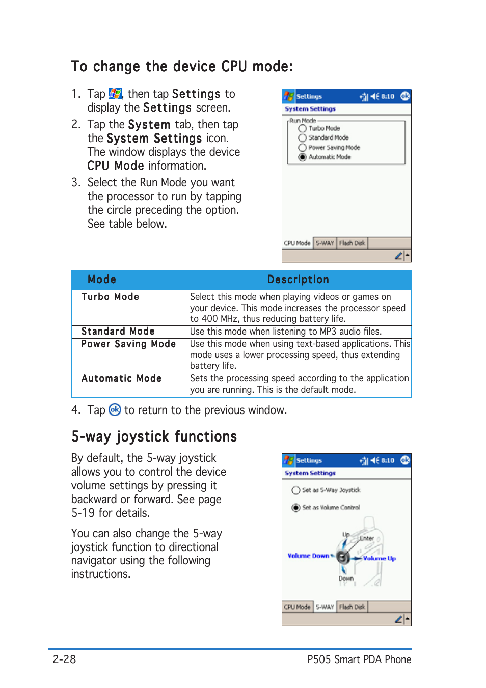 Way joystick functions | Asus P505 User Manual | Page 48 / 326