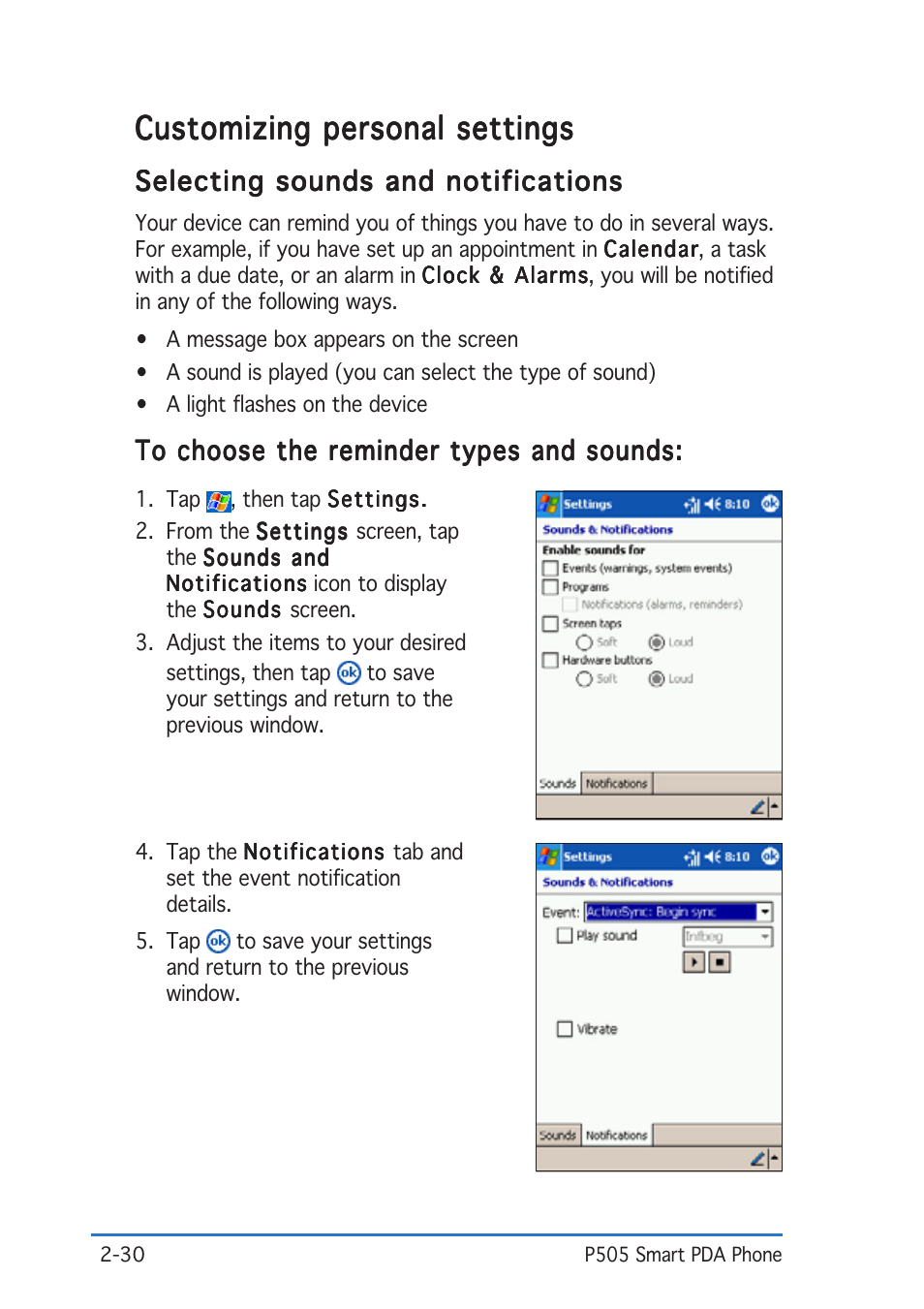 Customizing personal settings | Asus P505 User Manual | Page 50 / 326