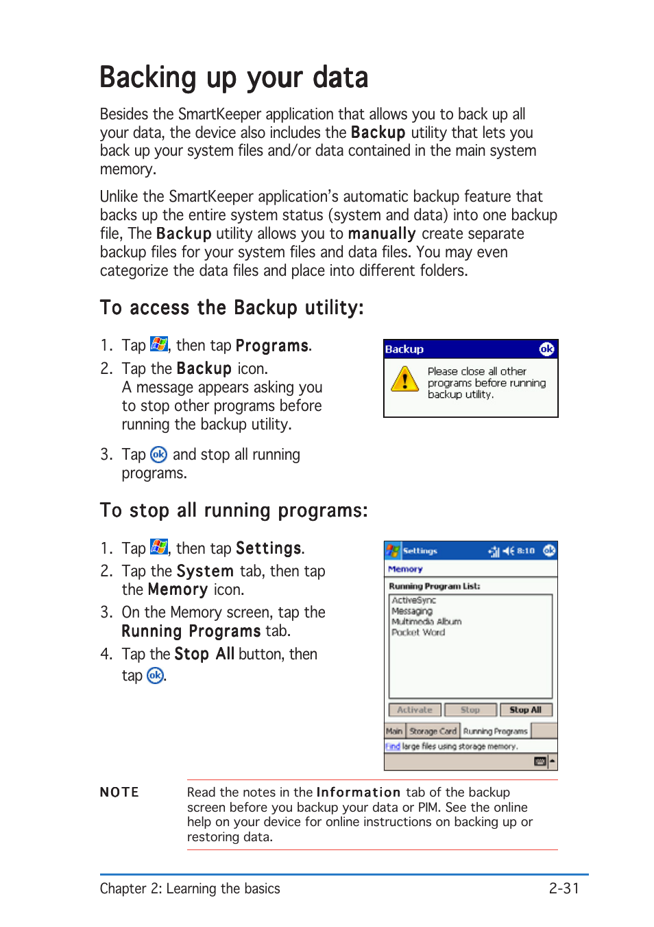 Backing up your data | Asus P505 User Manual | Page 51 / 326