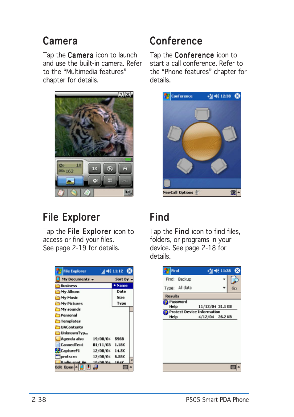 File explorer, Find, Camera | Conference | Asus P505 User Manual | Page 58 / 326