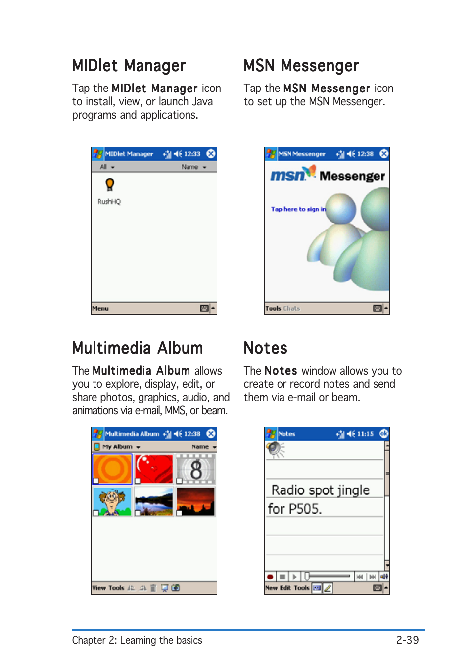 Midlet manager, Msn messenger, Multimedia album | Asus P505 User Manual | Page 59 / 326
