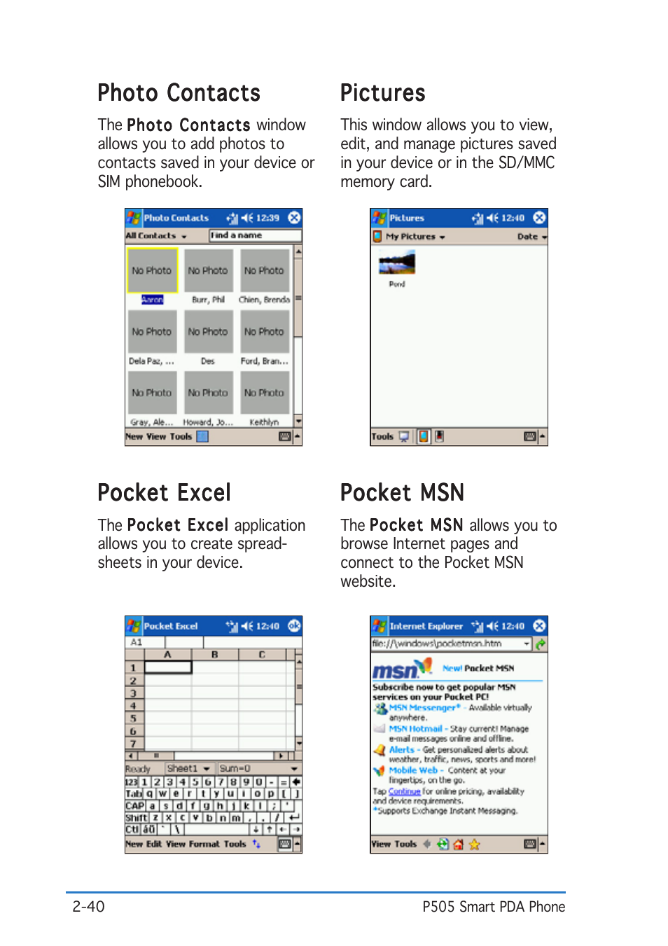 Photo contacts, Pictures, Pocket excel | Pocket msn | Asus P505 User Manual | Page 60 / 326