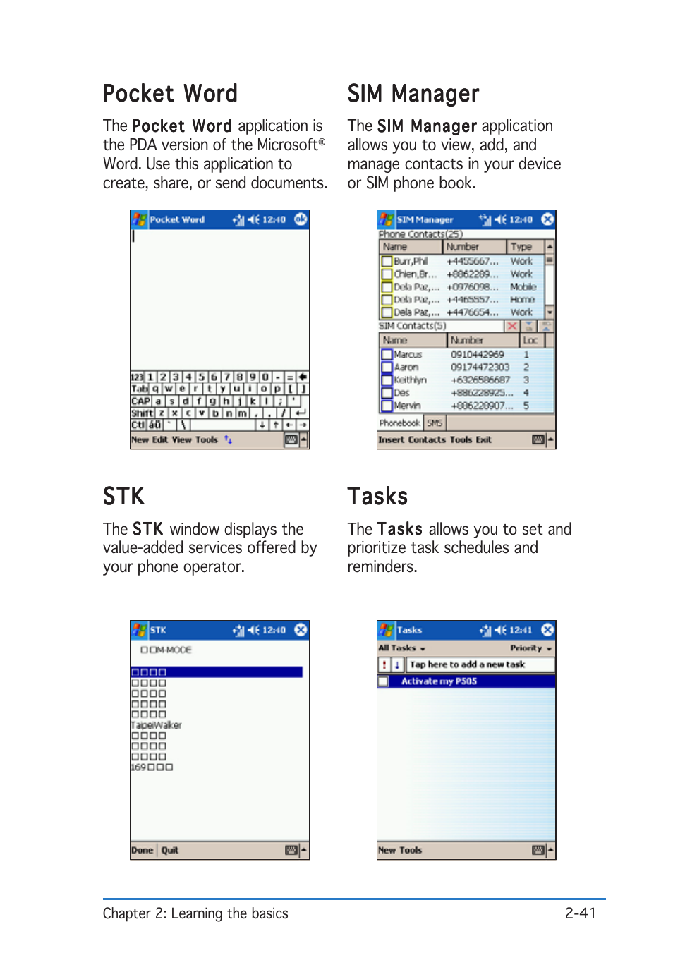 Pocket word, Sim manager, Tasks | Asus P505 User Manual | Page 61 / 326